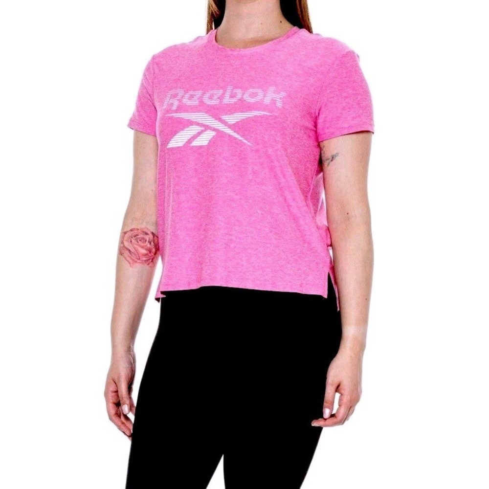 Reebok Women's Lined Lockup Glow T-Shirt Pink Heather Short Sleeve Size Medium
